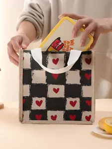 Heart Pattern Handbag Portable Lunch Bag, Women's Casual Shoulder Bag, Large Capacity Picnic Food Drink Bag, Valentine's Day Gift