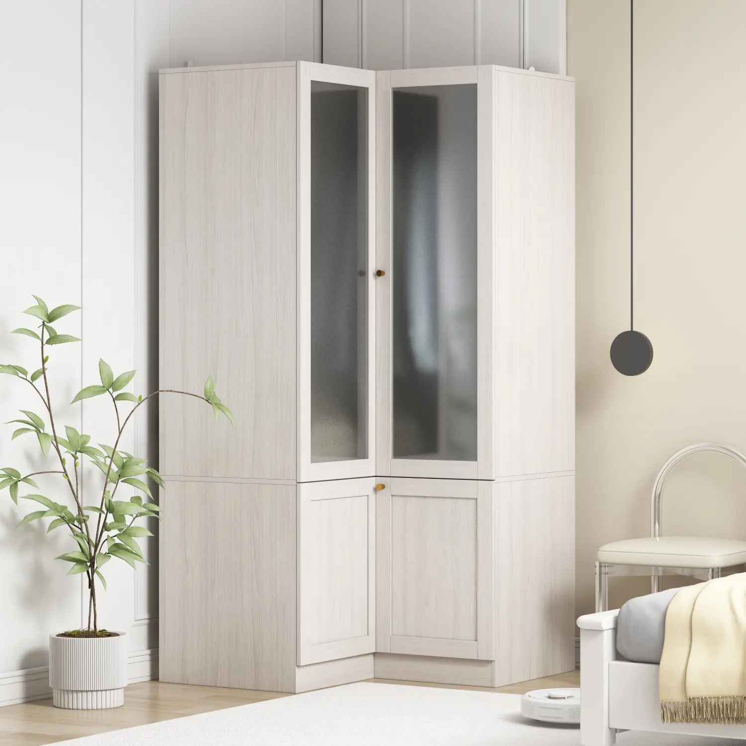 FUFU&GAGA L-Shape Armoire Wardrobe Closet with Frosted Glass Doors, Hanging Bar & Shelves, Wooden Closet Storage Cabinet for Bedroom, Space-Saving Design, Durable & Sturdy, Versatile for Multiple Rooms