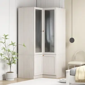 FUFU&GAGA L-Shape Armoire Wardrobe Closet with Frosted Glass Doors, Hanging Bar & Shelves, Wooden Closet Storage Cabinet for Bedroom, Space-Saving Design, Durable & Sturdy, Versatile for Multiple Rooms