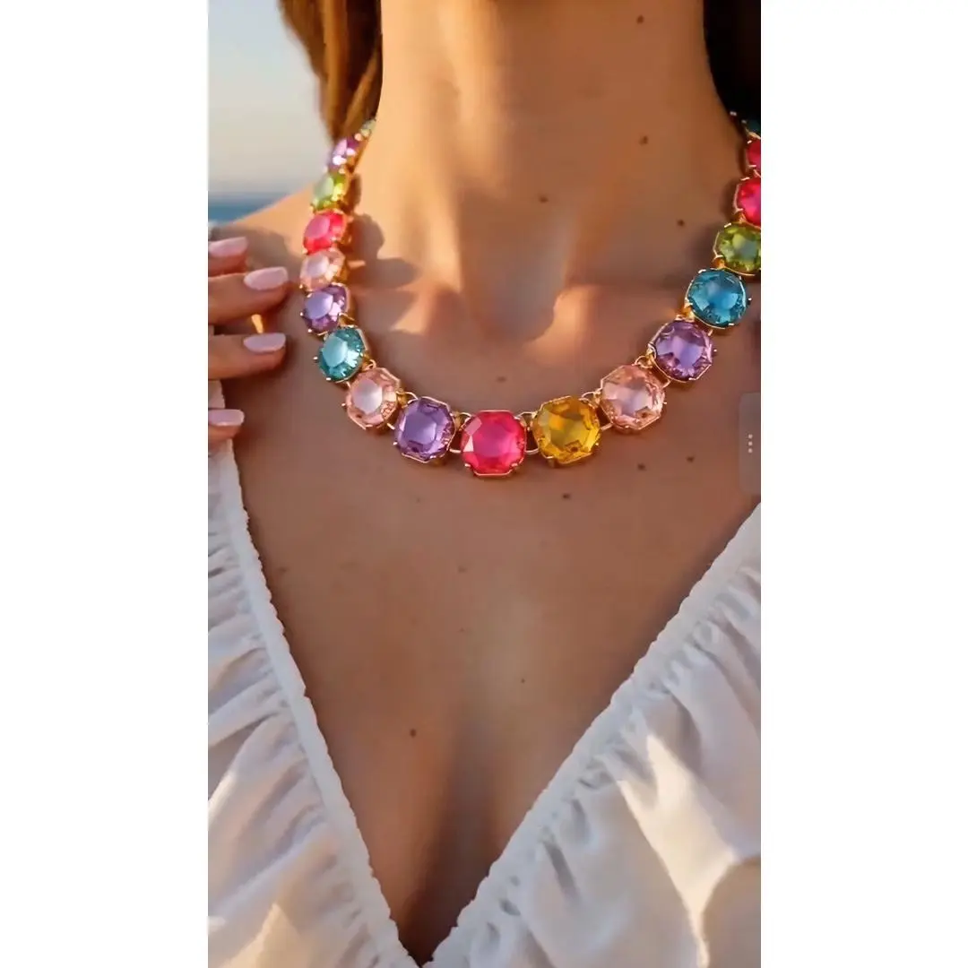 Bohemian Multicolored Rainbow Crystal Necklace |     Luxurious Thick Rhinestone Fashion Necklace |     Elegant Wedding Guest Jewelry |     Vibrant Summer Atmosphere Accessory