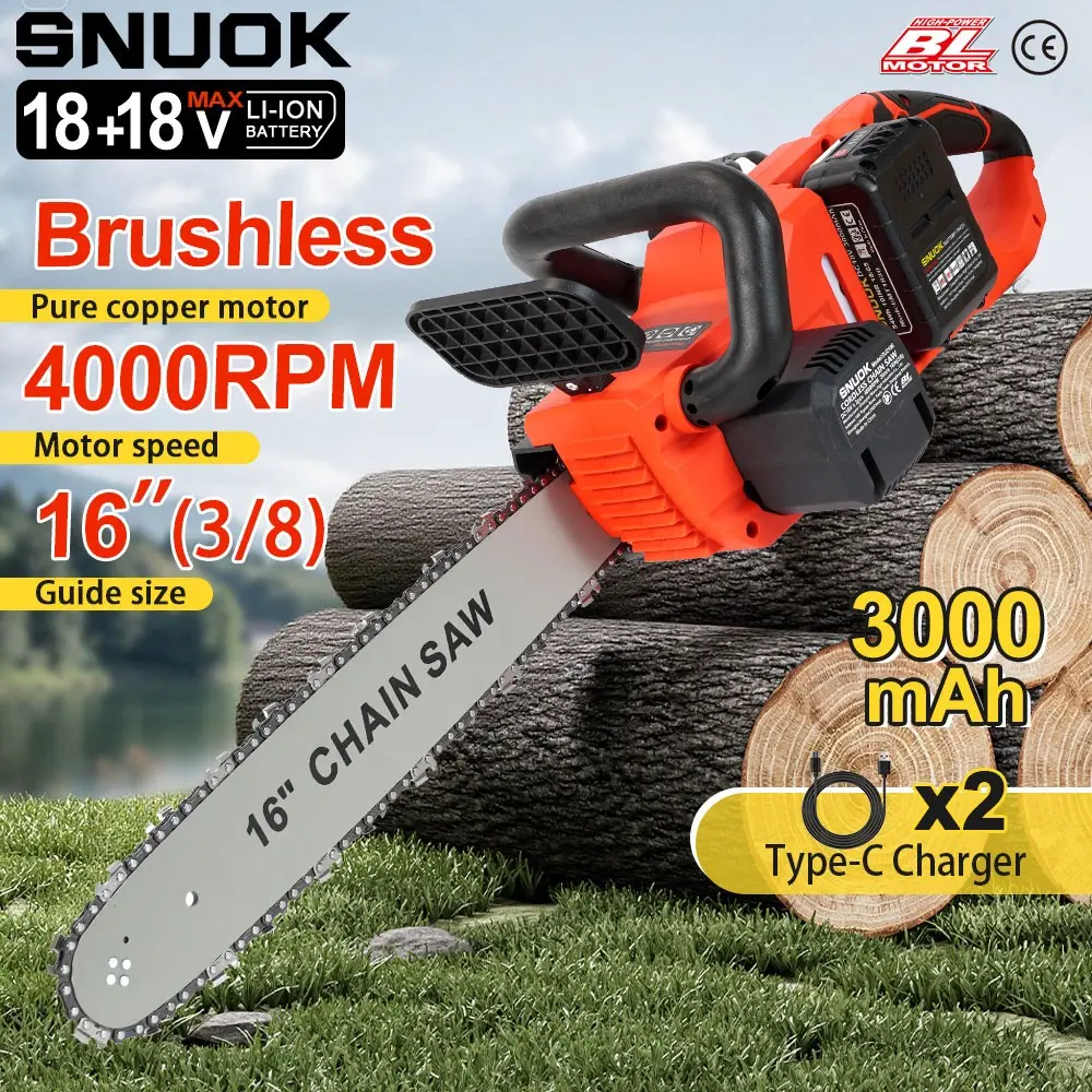 Snuok 18v+18v Dual Battery 16 Inch Electric Chainsaw, 3000mah Type C Battery Pack, 4000 Rpm, Cordless Power Tool for Tree Trimming