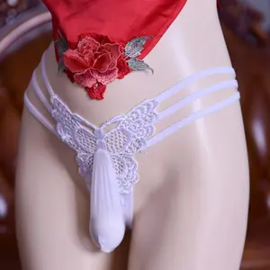 Men's Low-Rise Butterfly Thong White Black Underwear, Embroidered Floral Lace Straps, Girly String Lingerie for Christmas Day, Valentine's Day
