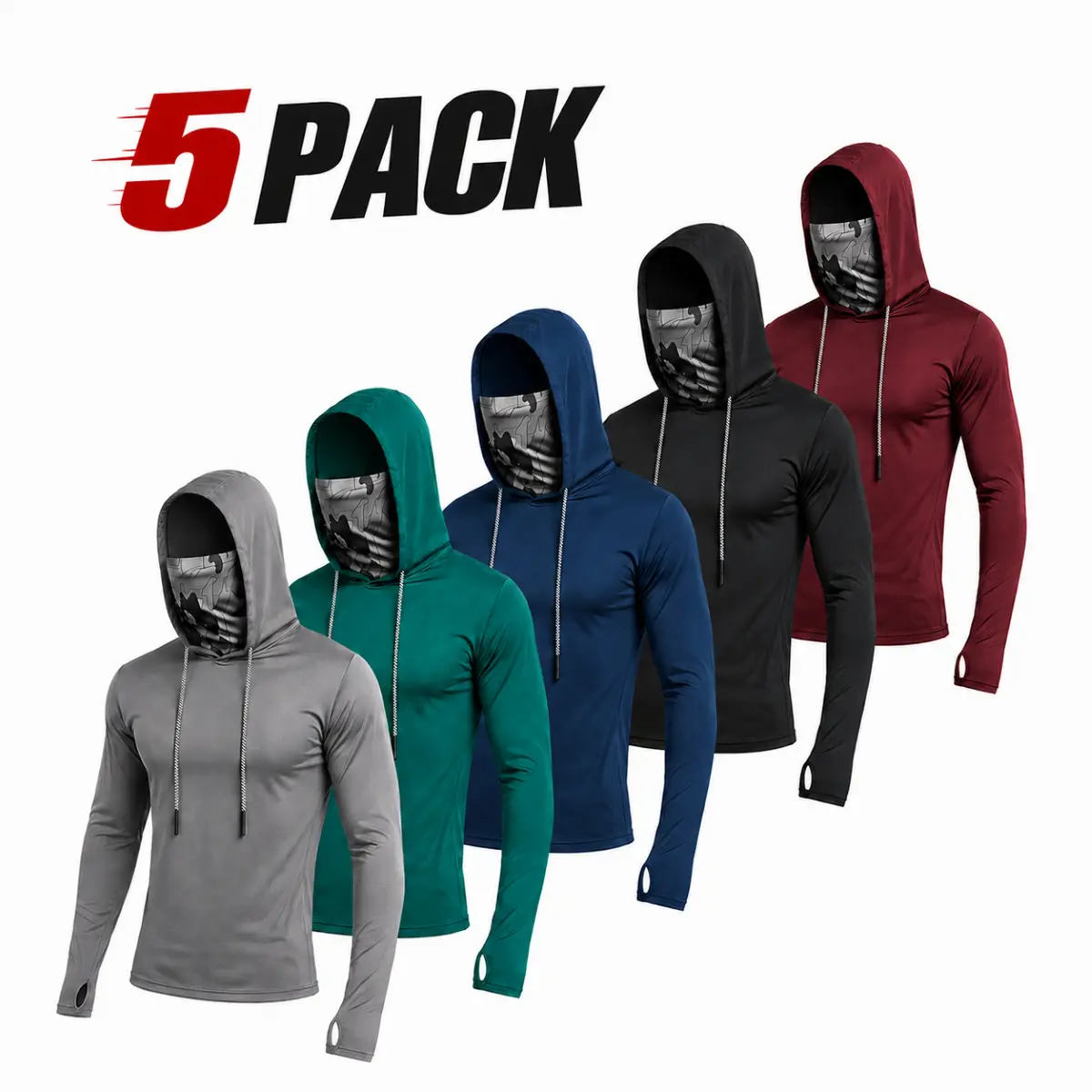 Men’s 5-Pack UPF 50+ Sun Protection Hoodies with Face Covers & Thumb Holes, Lightweight Quick-Dry Cooling Long-Sleeve Fishing Shirts,  Protection Tops for Hiking, Running, Workouts, Beach & Outdoor ActivitiesBreathable Moisture-Wicking UV
