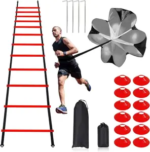 Pro Speed & Agility Training Set—Includes 12 Rung 20Ft Adjustable Agility Ladder with Carrying Bag, 12 Disc Cones, 4 Steel Stakes, 1 Resistance Parachute, Use Equipment to Improve Footwork Any Sport Rainmae