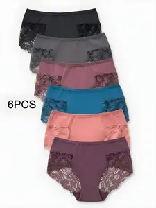 Women's Basic Medium-Rise Briefs, 6-Pack Floral Lace Underwear with Pure Cotton Crotch, Soft Breathable Cotton Panties for Women