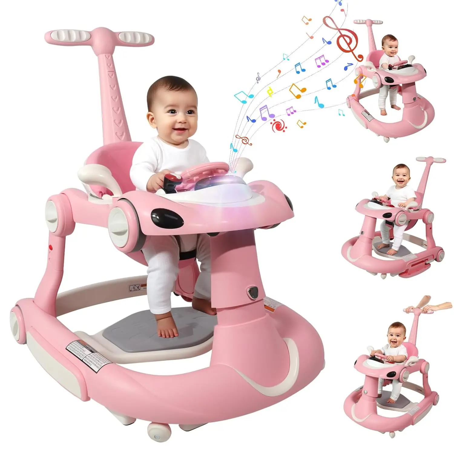 Baby Walker, 4-in-1 Baby Walker with Wheels Portable, Foldable Infant Toddler Walker for Boys Girls 6-18 Month,Removable Footrest,Car Steering Wheel & Music, Adjustable Push Walker
