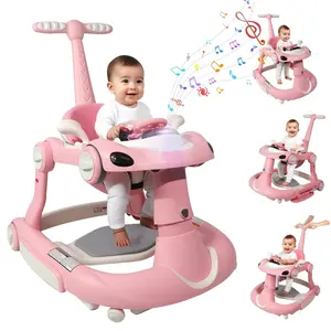 Baby Walker, 4-in-1 Baby Walker with Wheels Portable, Foldable Infant Toddler Walker for Boys Girls 6-18 Month,Removable Footrest,Car Steering Wheel & Music, Adjustable Push Walker