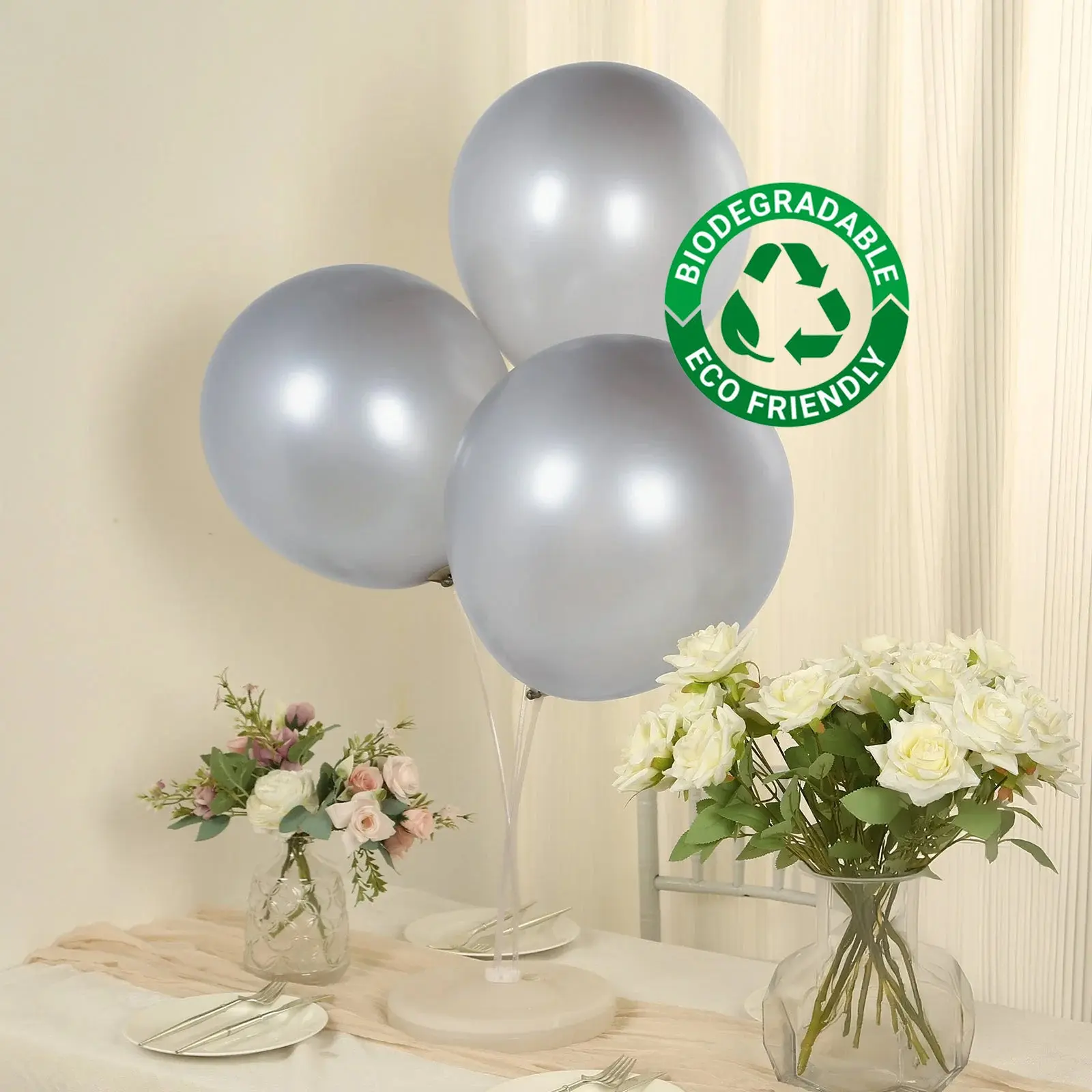 18" Chrome Silver Biodegradable Latex Balloons, 10-Pack Thick Ecofriendly Metallic Party Decorations for Baby Showers, Birthday Parties, Corporate Events, Graduation Party Decor