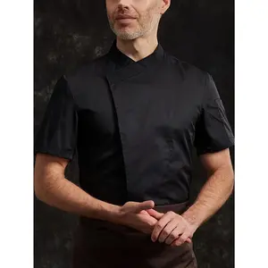 Men's Solid Short Sleeve Chef Shirt With Stand Collar And Button Closure Placket, Professional And Breathable Uniform Shirt For Cook Wear