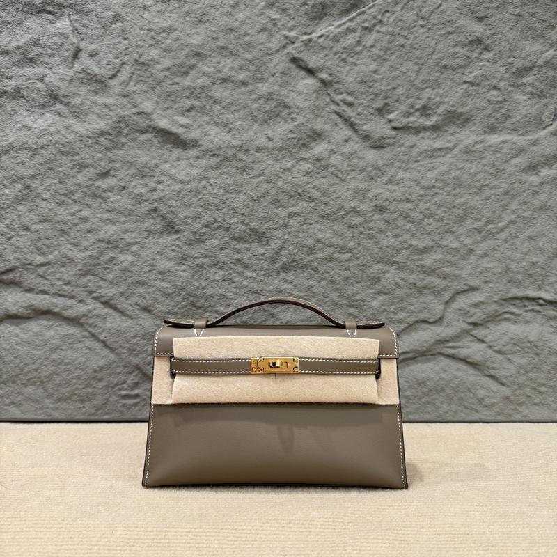 Pre-owned HERMÈS Leather tote bags Hermes Kelly Pochette Swift 18 Etoupe (cr1221a0)