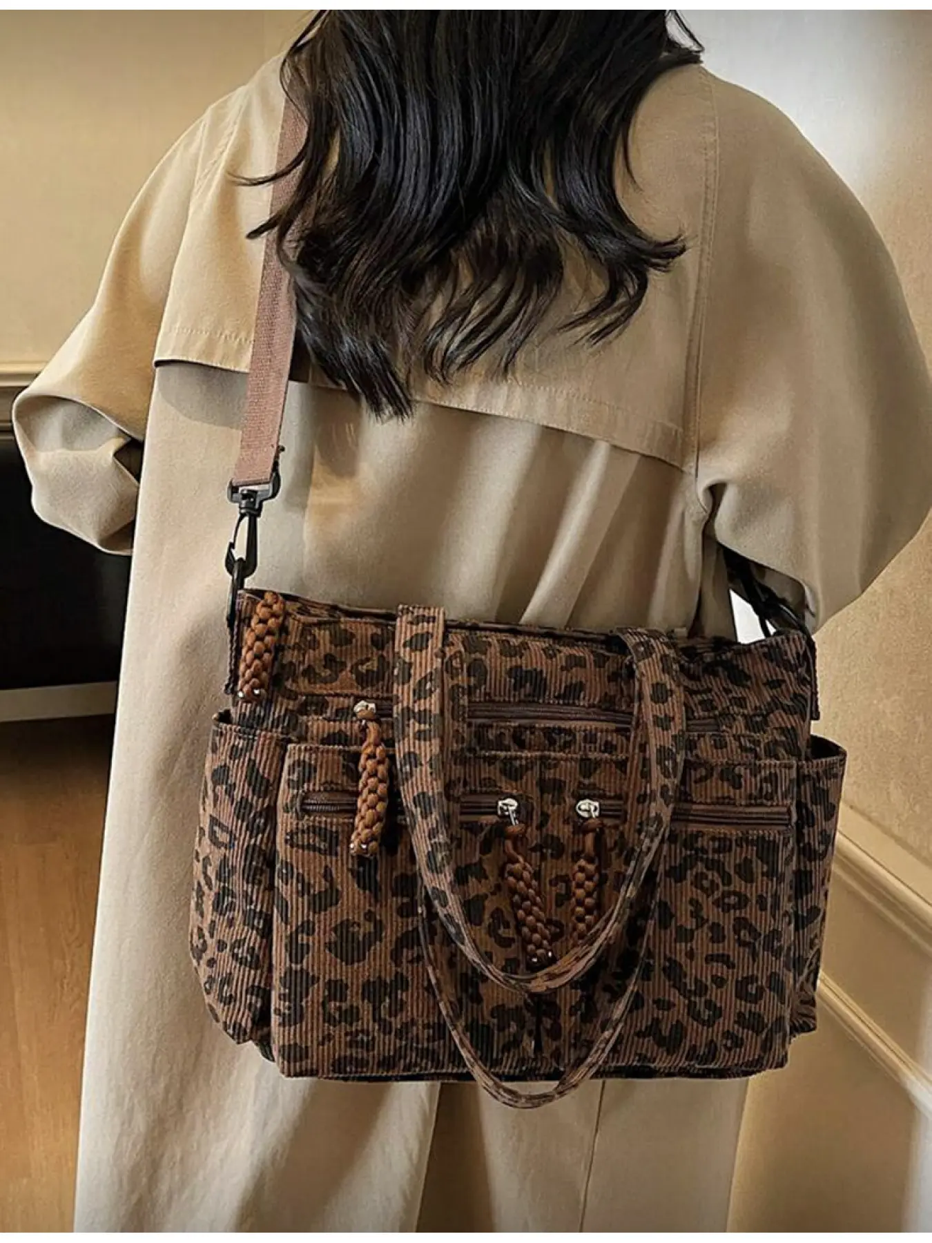 Women Leopard Print Corduroy Handbag Corduroy Tote Bag Fashionable