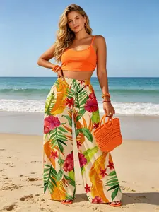 Women's Tropical Banana Leaf Hibiscus Print Wide Leg Pants, Drawstring High Waist Loose Flowy Long Trousers, Beach Vacation Casual Bottoms
