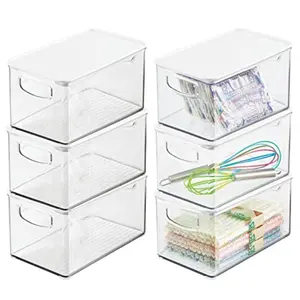 Plastic Deep Storage Bin Box Container with Lid and BuiltIn Handles Organization for Fruit Snacks or Food in Kitchen Pantry Cabinet or Cupboard Ligne Collection 6 Pack Clear White