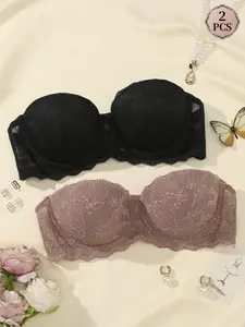 2PCS Women's Floral Patchwork Lace Push Up Tube Bra, Backless Underwire gathering Lift Beauty Back Balconette,Padded Add Cup Fit Soft & Breathable Chic Aesthetic Medium Support, for Dating and Parties