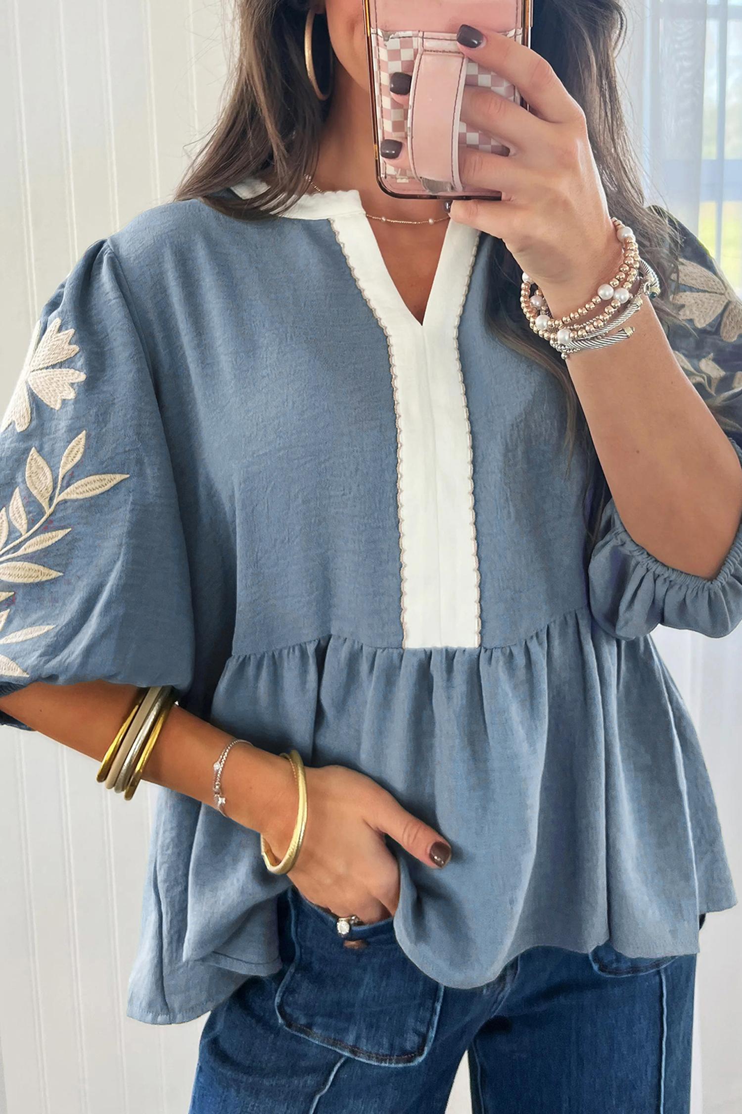 Embroidered Puff Sleeve V Neck Babydoll Blouse for Women, Colorblock Patchwork Casual Top Embroidered Puff Sleeve V Neck Babydoll Blouse for Women, Colorblock Patchwork Casual Top