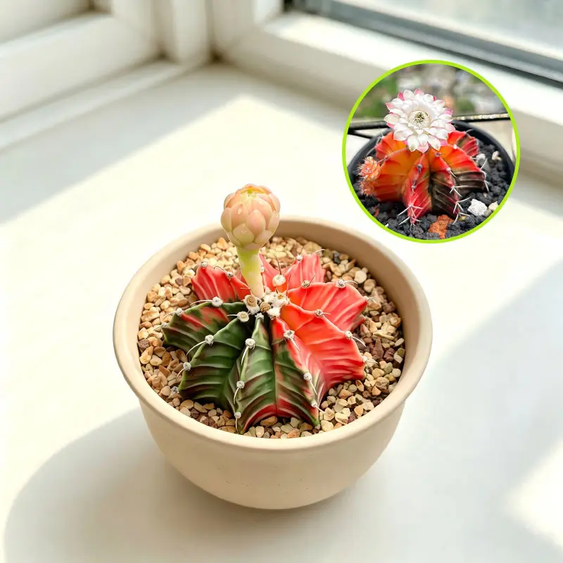 Variegated Gymnocalycium Peony Cactus - Rooted 3-5in Drought-Tolerant Full Sun Multi-Color Marbled Globular Succulent for Windowsill, Desk Mini Garden Decor (Includes Grow Bag)