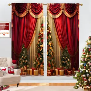 2PCS Christmas-Themed Brushed Fabric Digital Printing Curtains, Gorgeous Christmas Tree & Gift Pile Design Highlighted by Red Curtains, Rod Pocket Installation, Semi-Transparent Polyester Material, Suitable for Living Rooms, Kitchens, Bedrooms, and Dining