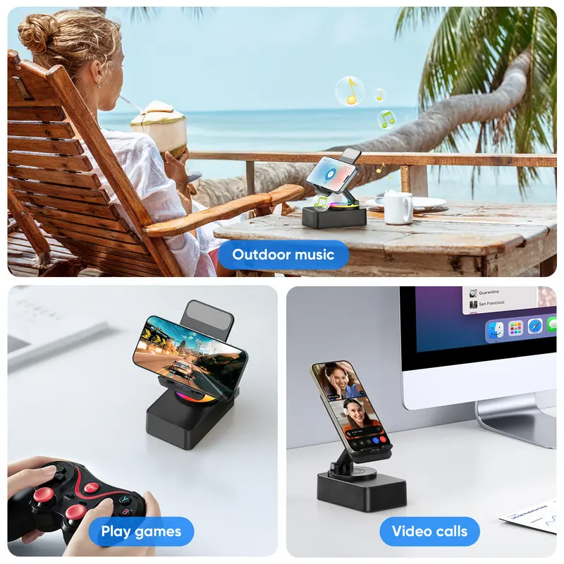 IMOLI Wireless Audio Induction Bluetooth Speaker with Emergency Charging 5in1 Phone Holder Power Bank LED Nightlight for Tablet iPhone Android 5.3 Connectivity 1500mAh Battery 100Hz-20kHz Frequency Response New Design Durable Smart Device 2