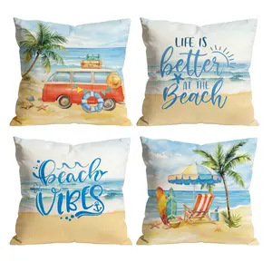 Beach Throw Pillow Covers Set of 4 | Life is Better at the Beach Vintage Van Palm Tree Cushion Covers for Sofa Bedroom Car Vacation Party Home Decor Bedroom Decorative Accessories 0509YC