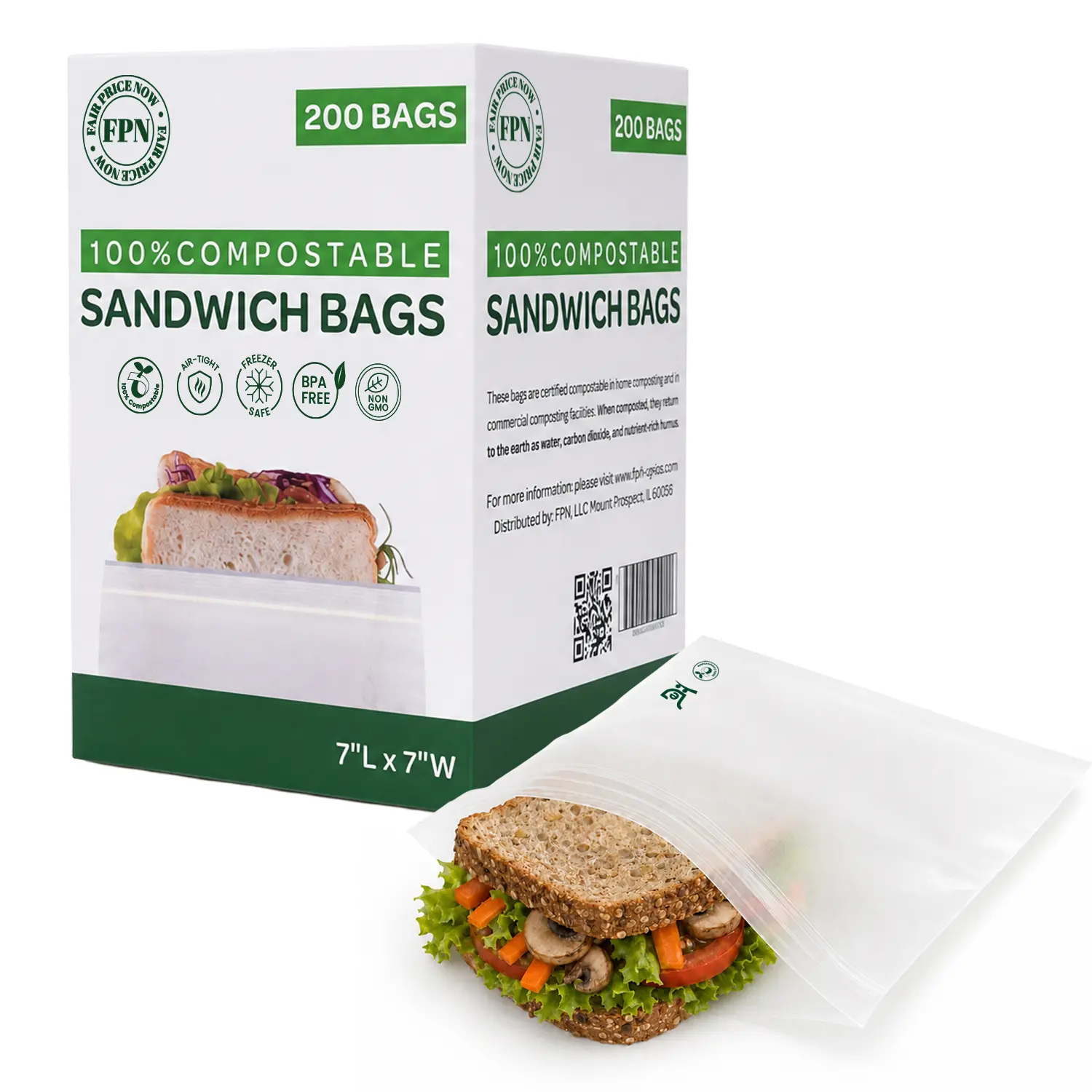 FPN Compostable Kitchen Plastic Ziplock Sandwich Bags (200ct, 7in x 7in) - Airtight, Reusable, Durable, Leakproof, Non-BPA, Freezer-Safe Food Storage Containers