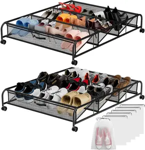 Rolling Shoe Organizer 2 Pack with Metal & Mesh Cloth, Under Bed Shoe Rack for Versatile Storage