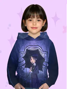 Wednesday Q Version Gothic Style Girls' Dark Manor Print Hoodie, Graphic Casual Hoodie, Long Sleeve Fitted Casual Fall & Winter Sweatshirt