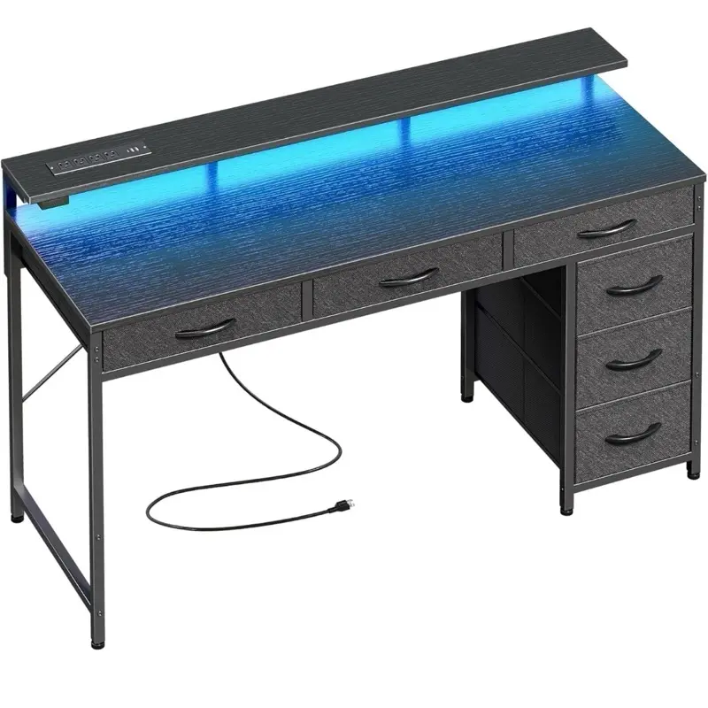Gaming Desk with LED Lights Power Outlets Type-C Storage Pedestal Office Desk