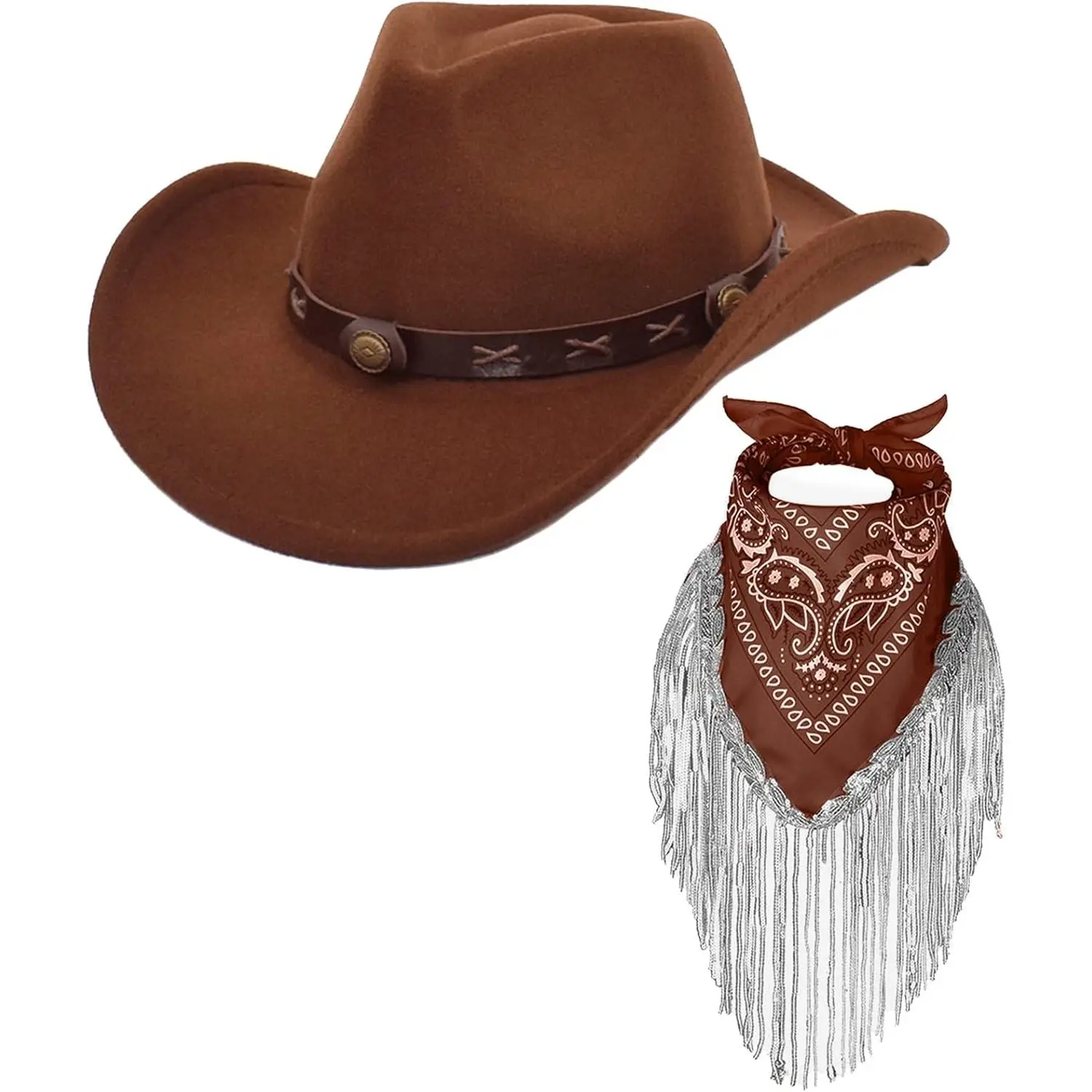Cowboy Hat with Fringed Bandana Set for Women Wide Brim Western Cowgirl Hat Paisley Head Wrap Scarf