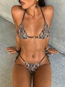 Women's Zebra Print Bikini Set, Strapless Triangle Top and Lace-Up Bottoms, Sexy Beachwear, Fitted Striped Design, All Seasons, Zebra Pattern