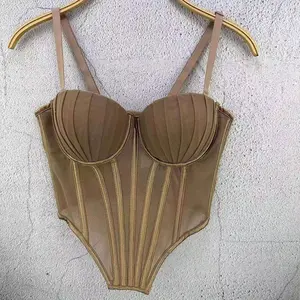 Tank Tops Bra Blusas Short Mesh Surface Transparent Fishbone Corset Woman Clothing Sling Wedding Outwear Hot Stripes Party Blind Date Stage Party Shaper Ladies Crop Shirt Tube Tops Vest Sexy Clothes