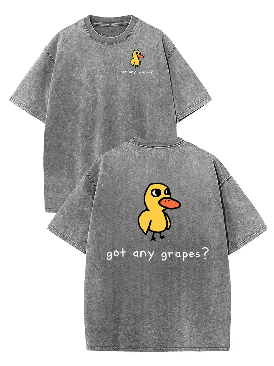 Men's Retro Vintage Short-Sleeve Cotton Graphic Tee - Round Neck, Breathable Heavy Washed Eat Grapes Print Playful Duck Design, Unisex Casual Loose-Fit Streetwear Top (Pair with Jeans)