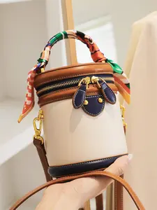 Colorblock Cylinder Shoulder Tote Bag, Scarf Decoration Comfortable Handbag, Fashion Versatile Patchwork Design for Daily Commute and Leisure