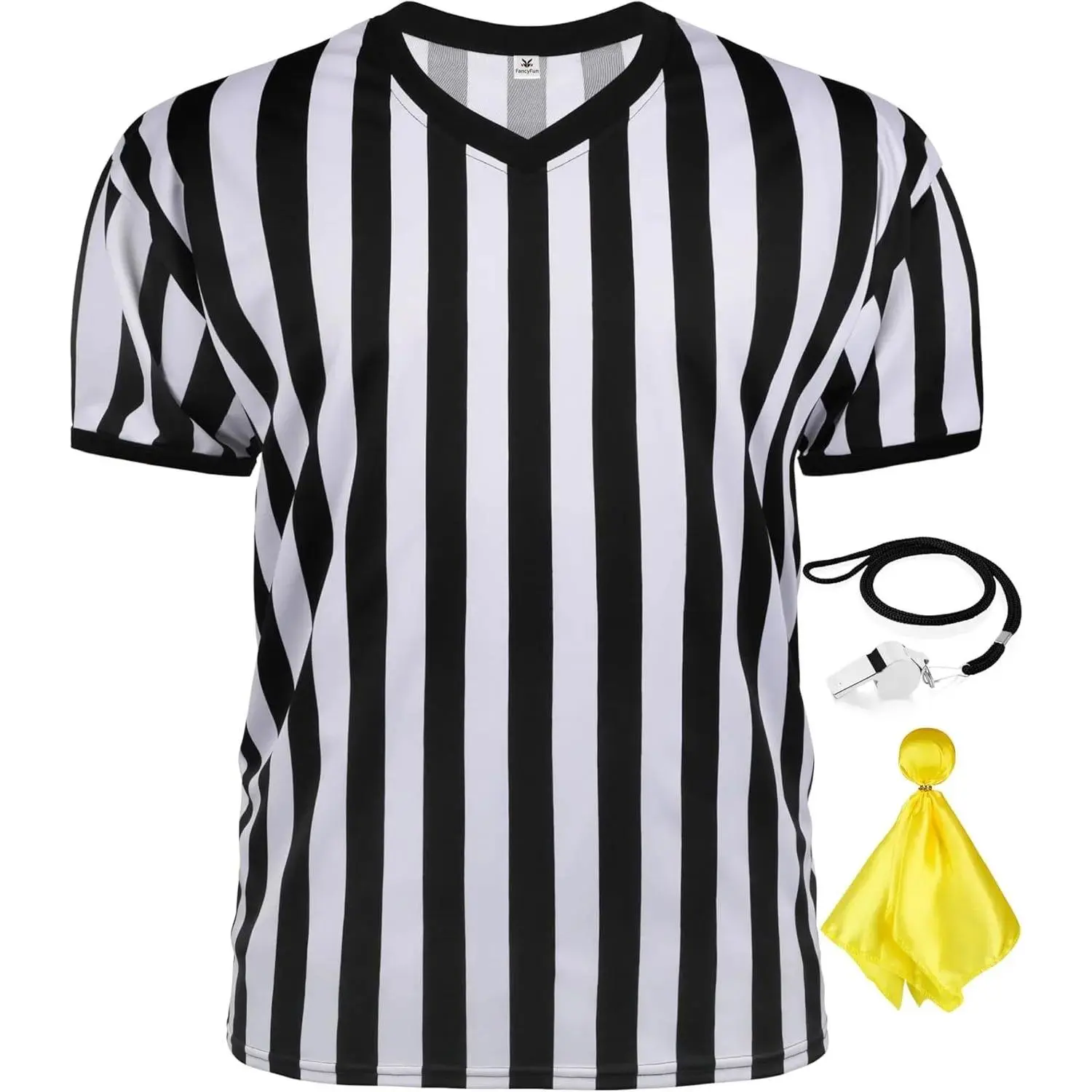 3-Piece Referee Costume for Adults, V-Neck Striped Polyester Shirt with Whistle and Penalty Flag for Sports & Halloween, Set, Shirt Set, Quick Dry, Clothes, Restaurants, Elastic Cuffs
