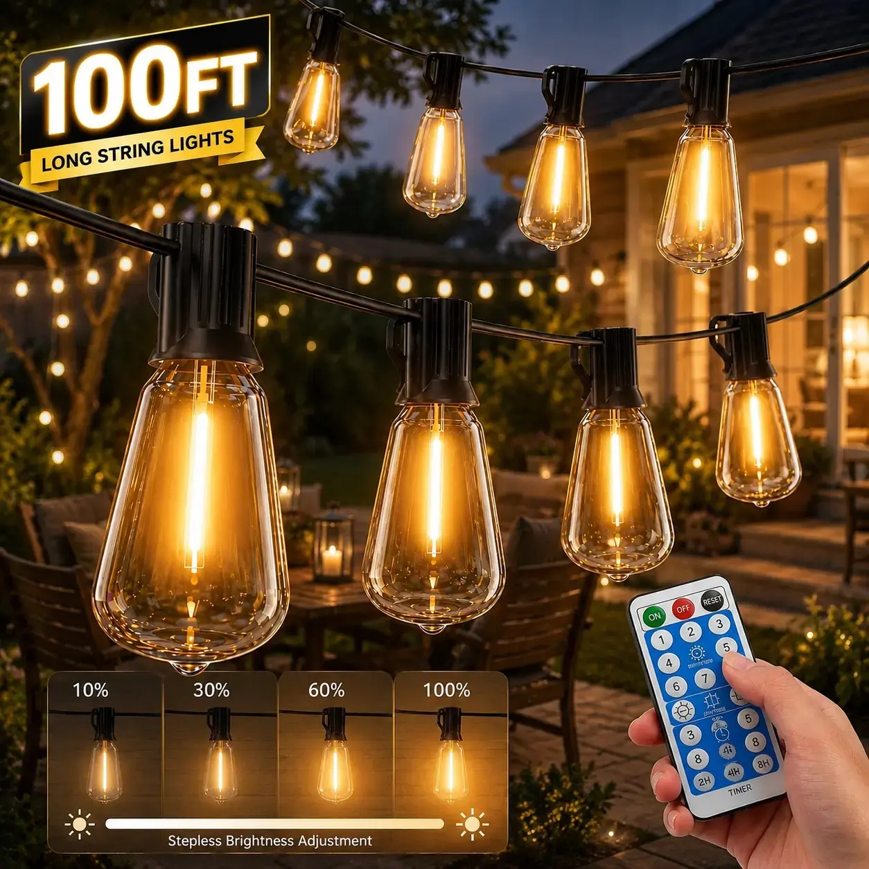 100FT Solar String Lights Outdoor with Remote Control, Dimmable Patio Lights, Shatterproof LED Bulbs, Waterproof Solar Powered Garden Lights, 8 Modes, Dusk to Dawn Sensor, Backyard Deck Fence Garden Party Wedding Decor
