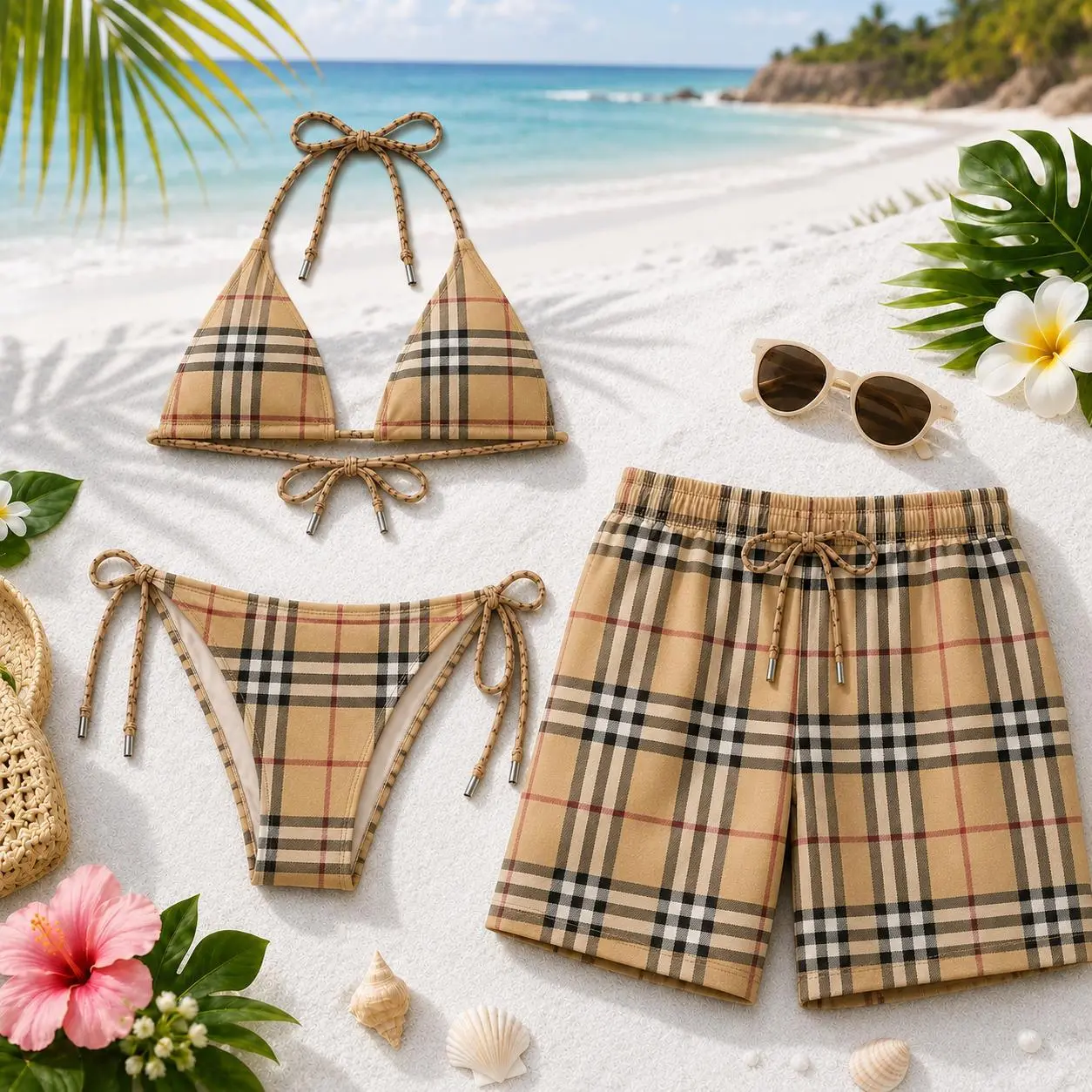2026 Signature Matching Couple Swimwear Set - Women’s Viral Bikini, Men’s Beach Shorts, Ideal for Vacation Gifting