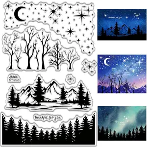 Pine Tree Forest Mountain Scenery Clear Rubber Stamp Star Moon Vintage Christmas Transparent Silicone Seals for Journaling Card Making DIY Scrapbooking Handmade Album Notebook