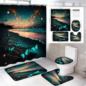1/4pcsMagical Beach Dusk Teal Blue Bathroom Curtain Set, Starry Sky Sparkles Teal Butterfly Shower Curtain Sets with Toilet Seat Cover, Bath Mat & Small Mat - Whimsical Enchanted Beach Decor for Bathroom, Ideal for Coastal Themed Home
