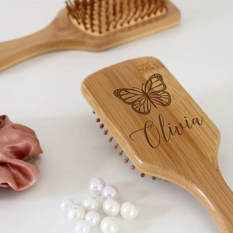 Butterfly Series Customized Personalized Wooden Bamboo Hair Brush - Scalp Massage Safety Airbag Comb, Valentine's Day Gift, Birthday Gift