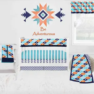 Bacati Aztec Print Liam 6-Piece Crib Bedding Set With Long Rail Guard Cover - Aqua/Orange/Navy