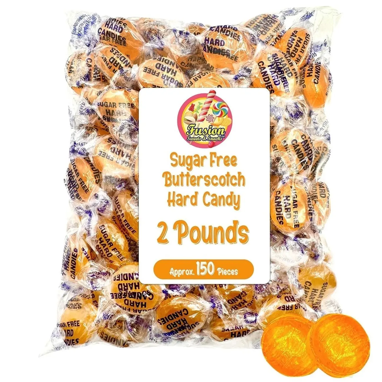 Sugar Free Butterscotch Hard Candy Arcor - 2LB Bag (About 150 Pieces) Of Individually Wrapped Sugar Free Butterscotch Buttons, Butter Scotch Bulk Candy