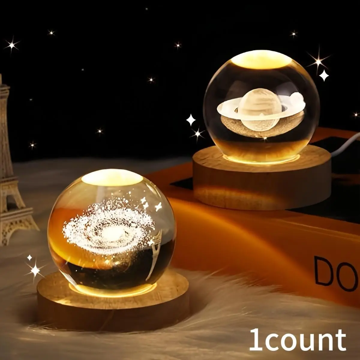 Saturn Galaxy Crystal Ball Decorative Lighting Led Atmosphere Lamp Wooden Base Illuminated Design Carved Glass Globe for Desktop Bedroom Living Room Home Decoration Holiday Gift Starry Sky Lights