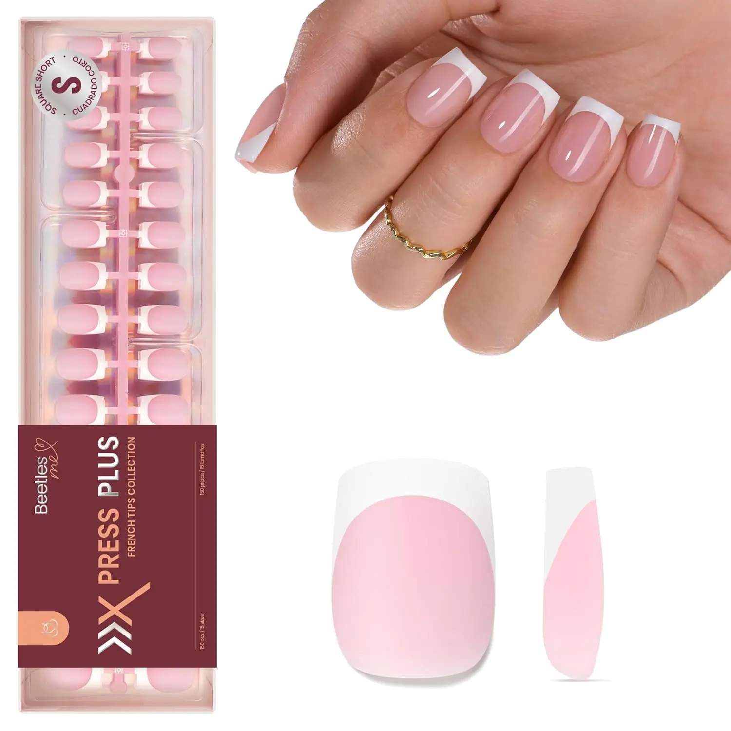 French Tips Press On Nails – 150 Pcs Pink Short Square Press On Nails, Soft Gel False Nail Tips, DIY Nail Art Kit & Gift for Women