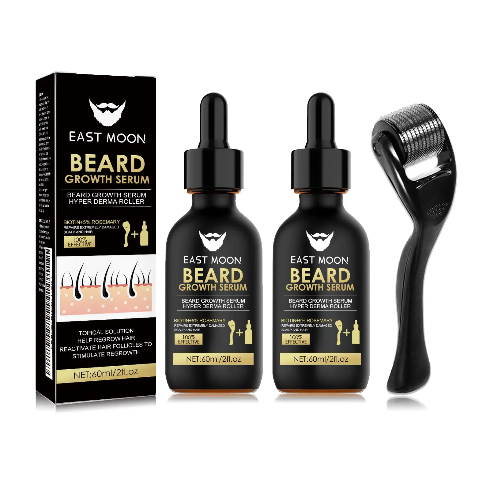 2 Set EASTMOON Beard Growth Serum & Beard Massage Derma Roller Kit,  Beard Care Nutritional Oil, Making Beard Thicker and More Shiny, Daily Beard Care Essentials for Men, Father's Day Gift