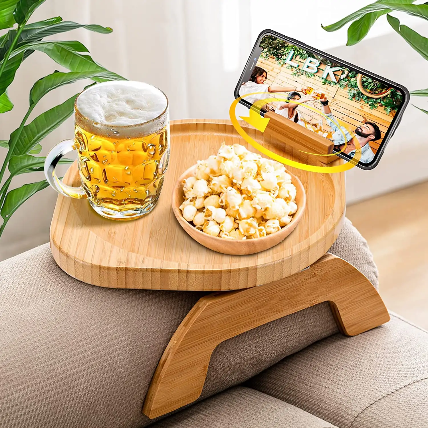 【On sale】Bamboo Sofa Arm Tray Table with Rotating Mobile Holder, Stable Armrest Clip-On Sofa Tray Table for Wide Couches, Foldable Arm Clip Table for