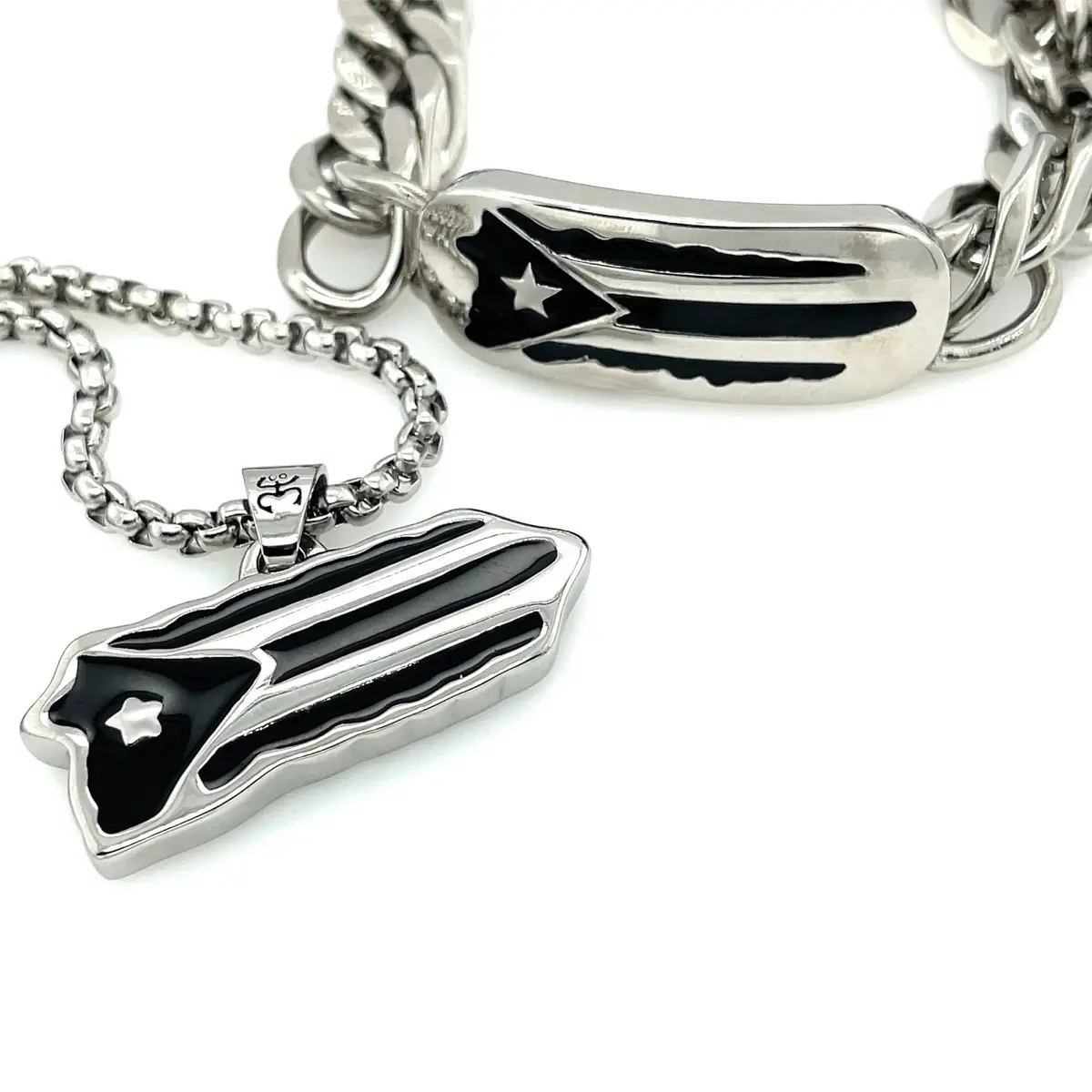 Orgullo Boricua Set - Stainless Steel 316L Necklace and Bracelet with Flag Jewelry Design perfect valentine