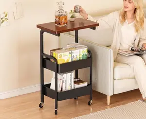 Rolling Cart with Wooden Tabletop, 3 Tier Metal Utility Cart, Rolling Storage Organizer Cart with Lockable Wheels for Kitchen, Office, Bedroom