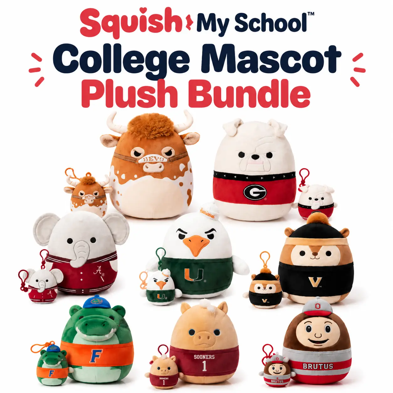 Squish My School Squishmallows College Mascot Plush Bundle - 12-Inch Plush & 3.5-Inch Clip