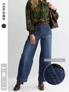 Women's Vintage Casual Style High-Waisted Jeans, Dual Button Wide Leg Cut, Classic Denim Fabric, Fashionable Fitted Design, All Seasons Wear, Bottom, Womenswear, Pants