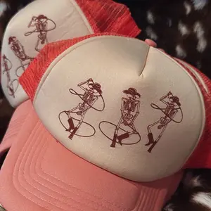 Skelly Cowboys Trucker Hat with Unique Skeleton Design and Red Mesh Detailing