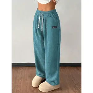 Women's Corduroy Jogger Pants, Drawstring Waist, Pockets Design, Casual Sportswear for Fall & Winter, Daily Wear Comfortable Fit, Workout Casual Baggy